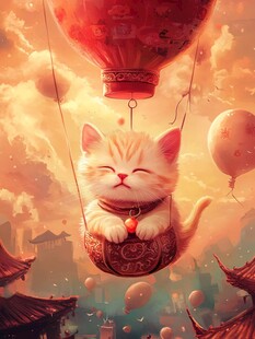 乘坐热气球的猫插画