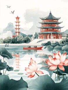 花鸟山水古建筑插画