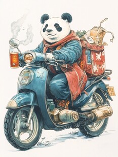 手绘喝啤酒的熊猫