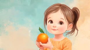 小女孩站在芒果上插画