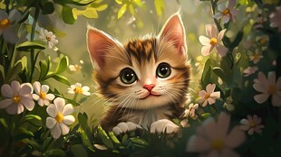 花丛边的猫咪插画