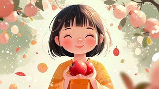 小女孩摘苹果插画