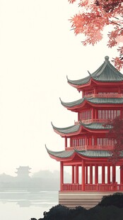 古风亭台楼阁插画