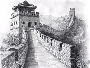 长城钢笔画素材