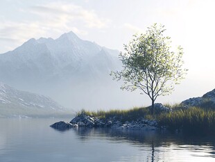 禅境山峰湖泊河流鹿树