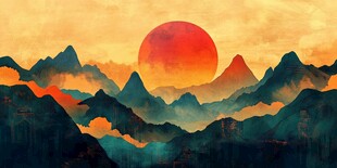 红日水墨山水