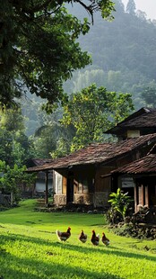 散养鸡乡村景色