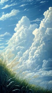 蓝天白云绿草油画