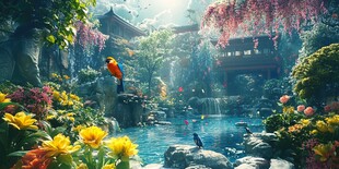 竹林假山花鸟飞鸟