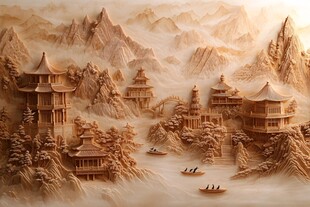 金色浮雕山水