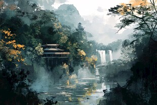 广西大学插画水墨山水