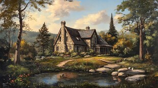 林中小屋油画