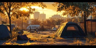 夕阳下的露营基地