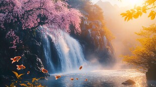 山水瀑布梅花