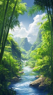 竹林河流山峰