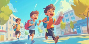 手绘奔跑上学的少年