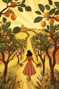 采柑果女孩插画