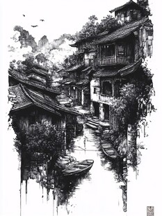 磁器口风景钢笔画