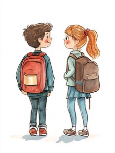 背着书包的男孩女孩