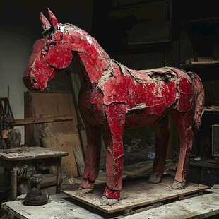 红色钧瓷马雕塑图