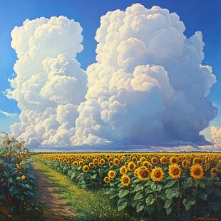蓝天白云鲜花油画