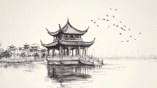 楼阁亭台画线描背景