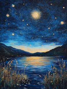插画夜景湖泊