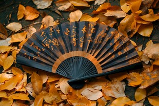 银杏叶花鸟折扇