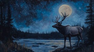 森林梅花鹿石头夜景