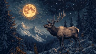 森林梅花鹿石头夜景