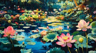 荷塘油画
