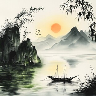 中式竹叶山水装饰画