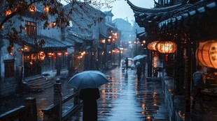 古镇雨天夜景