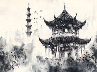 华侨禅风水彩建筑插画