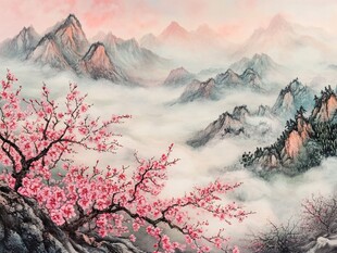 桃花水墨山水画