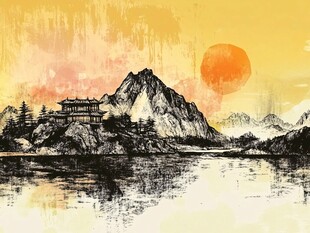 横店地标建筑山水画