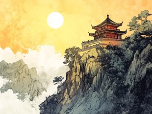 旭日东升楼阁山水画