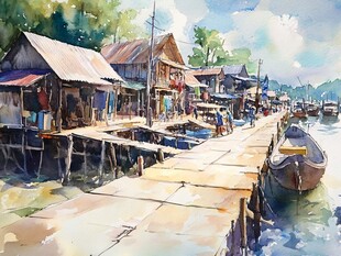 柬埔寨水彩插画彩绘