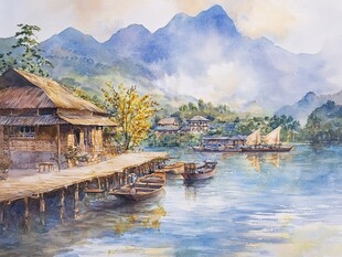 云水谣水彩彩绘插画