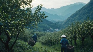 清晨采摘鲜果农民