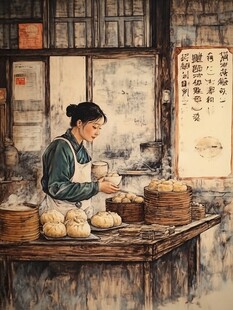 烧卖店壁画