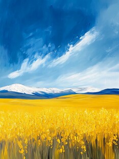 蓝天白云油菜花油画