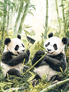 熊猫竹笋插画