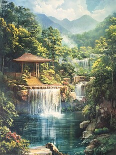 山水风景油画瀑布