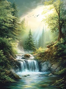 山水风景油画瀑布