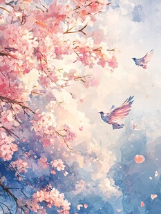 飞鸟立在樱花树上
