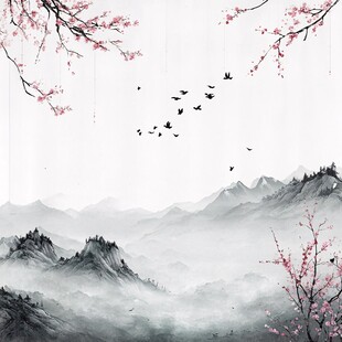 水墨桃花禅意山水