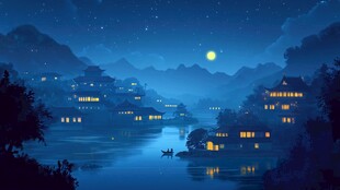 虎溪夜月景点插画