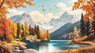 森林雪山高山湖泊黄叶