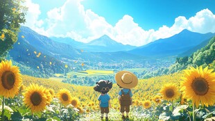 向日葵中的男生背影